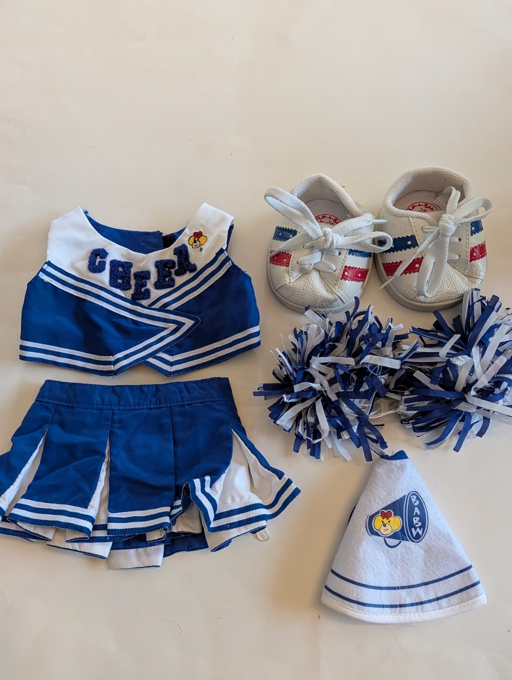 Build A Bear Cheerleader Outfit Blue And White Outfit Shoes Pom poms Megaphone